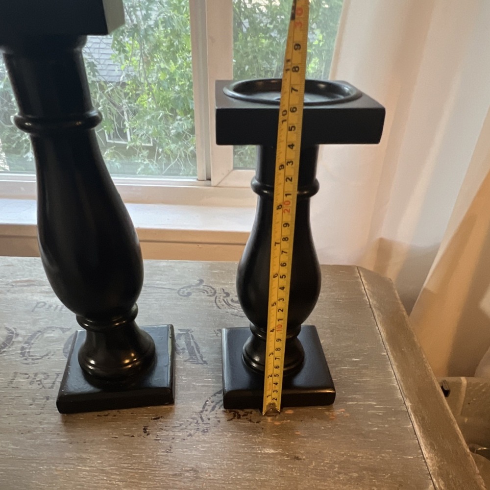 Set of 2 Black Painted Wood Square Pedestal Candlesticks 12" & 8" - Picture 4 of 4